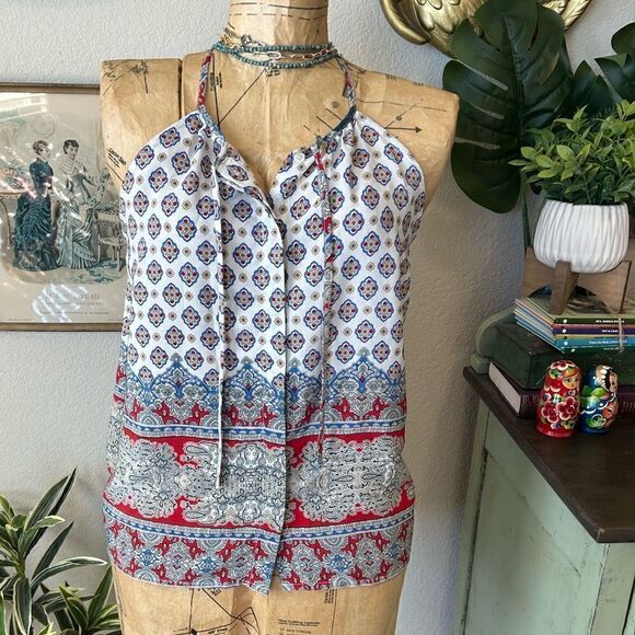 Collective Concepts White Red Blue Paisley Floral Boho Sleeveless Blouse Sz M - Picture 1 of 11